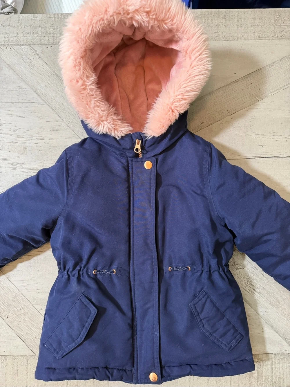 OshKosh B'gosh Navy Jacket with Pink Lining & Faux-Fur Trim Size 4T VGUC